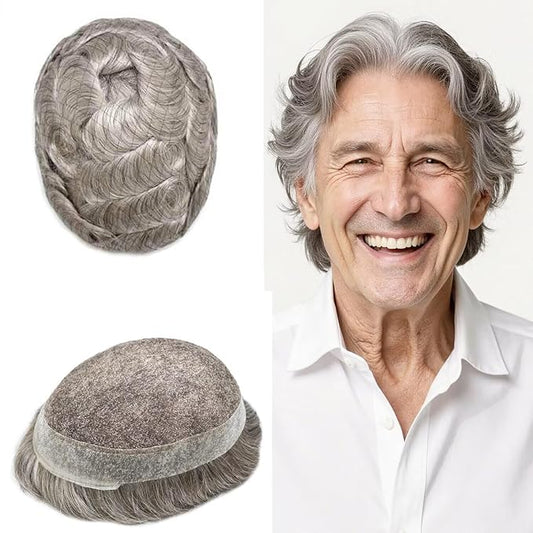 Toupee for Men French Lace Human Hair Replacement Systems Lace Center with Poly Around Hair Piece Mens Toupee Hair Units for Man V-Looped Front Male Hair Units 6"X9" #580