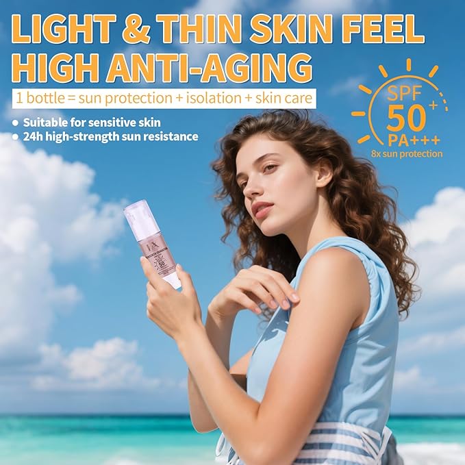 Tinted Face Sunscreen - Waterproof & Lightweight Liquid Foundation with SPF 50++, 3-in-1 Full Coverage Foundation Smooths & Blurs Pores, 107 Light