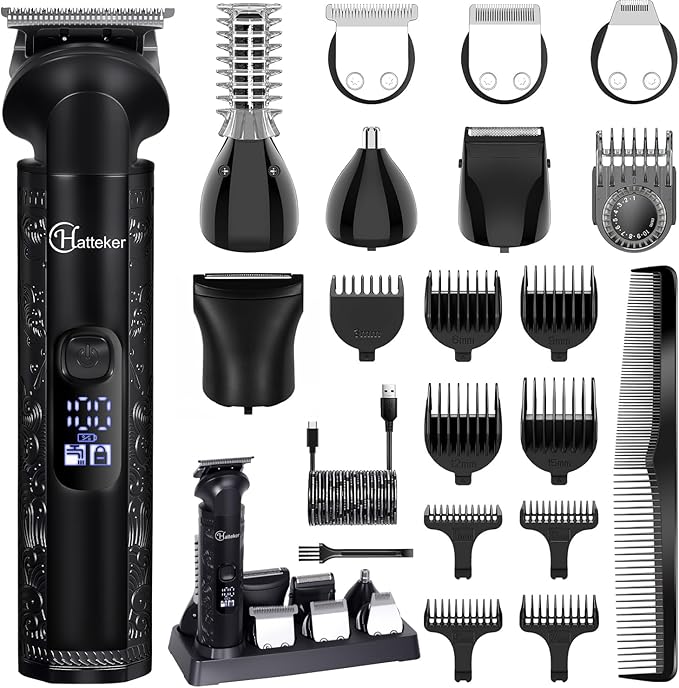 Hatteker 8-in-1 Mens Grooming Kit - Zero-Gap T-Blade Trimmer, IPX7 Waterproof Cordless Set with Hair Clipper/Beard Trimmer/Nose Trimmer, USB Rechargeable (1.5H Charge 180M Use) for Home & Travel