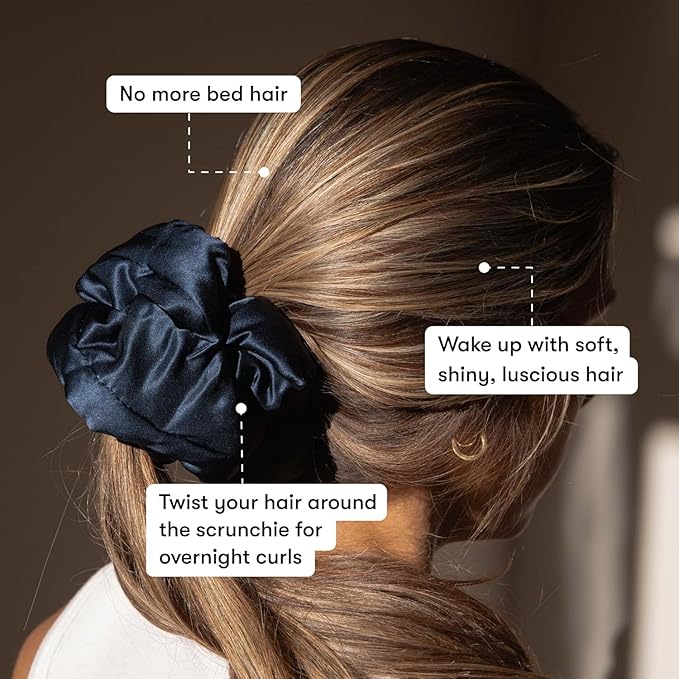Drowsy Oversized Scrunchie – Luxury Mulberry Silk Hair Tie for All Hair Types, Sleep Scrunchie to Reduce Breakage, Maintain Moisture & Enhance Hair Shine - Midnight Blue