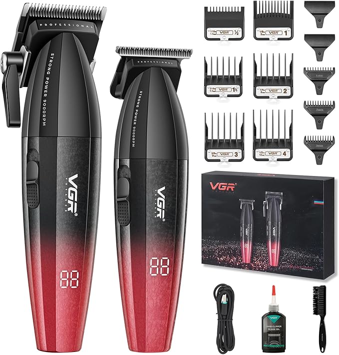 VGR 640 Professional Hair Clippers for Men, 9000RPM Cordless Barber Clippers and Trimmers Set, Zero Gap T-Blade Hair Cutting Kit, DLC Coated Ceramic Blade Barber Kit with LED Display(Red)