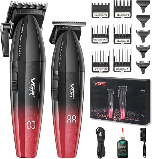 VGR 640 Professional Hair Clippers for Men, 9000RPM Cordless Barber Clippers and Trimmers Set, Zero Gap T-Blade Hair Cutting Kit, DLC Coated Ceramic Blade Barber Kit with LED Display(Red)