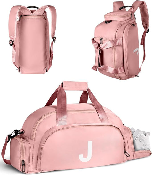 Trendy Stuff-Gifts for Girl 16-18, Initial Gym Bags with Shoe Compartment, Dance Bag for Girls, Kid Overnight Bags, Ballet Sport Gymnastics Cheer Travel Duffle Tote (Letter J)