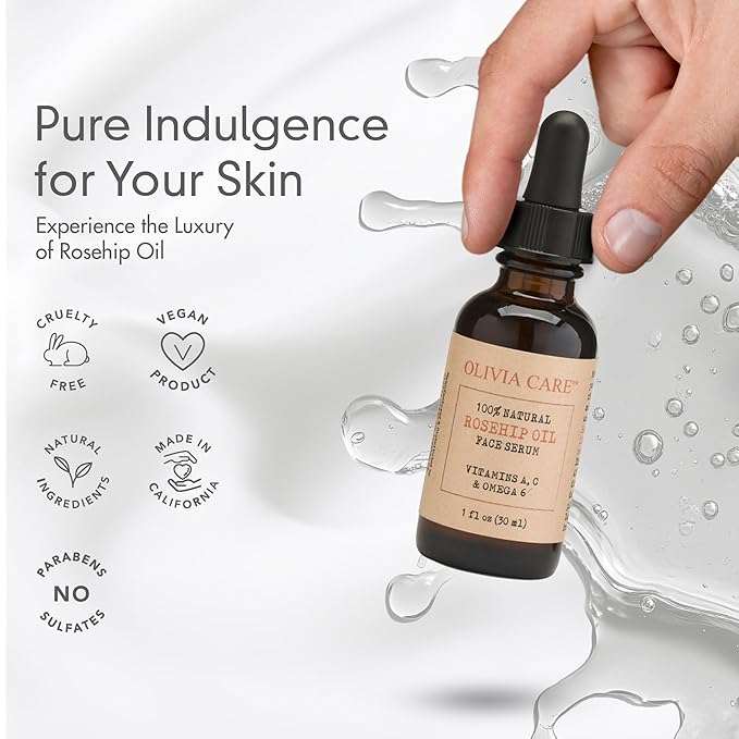 Rosehip Seed Oil Serum By Olivia Care Natural Moisturizer for Face, Body & Skin with Vitamins E, C, A & Omega 6, Perfect for Treating Wrinkles, Acne Scars, Sun Spots, Dark Circles & Anti-Aging - 1 OZ