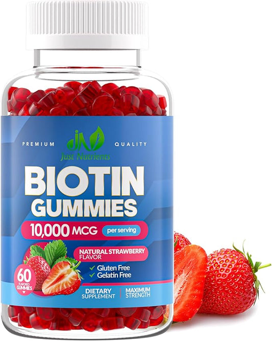 Biotin 10,000mcg Gummies for Women & Men - 2X High Potency Biotin for Hair Growth, Skin & Nails - Gluten-Free, Vegan, Non-GMO, Great Tasting Strawberry Flavor - 60 Gummies