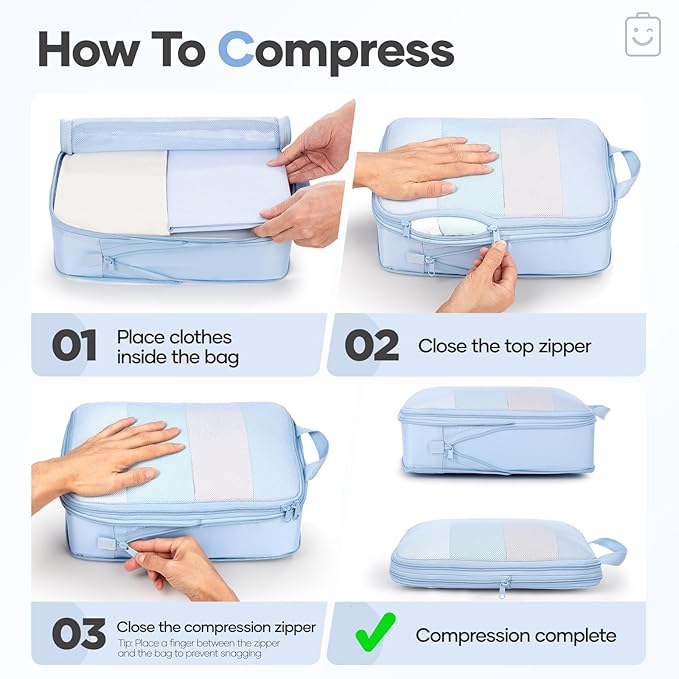 Veken 9/11 Set Compression Packing Cubes for Travel Essentials,Compressible Expandable Large Luggage Suitcase Organizer Bags for Clothing,Durable Space Saver Storage Bags(Light Blue)