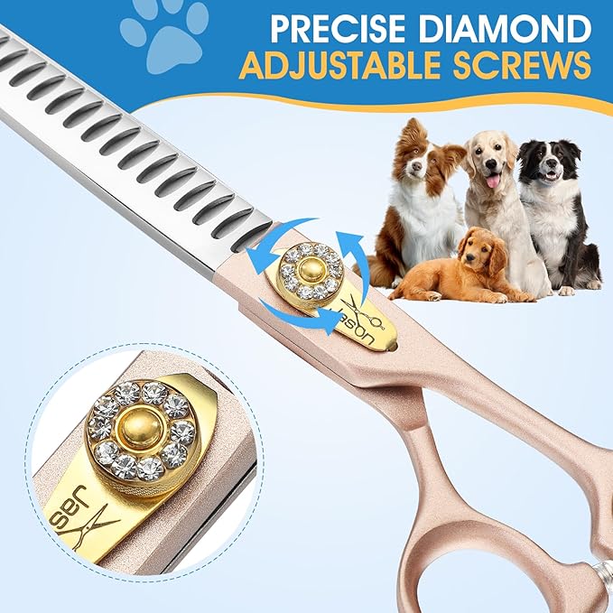JASON Professional Dog Grooming Scissors - 7 Inch Chunker Shear Japanese 440C Stainless Steel Diamond Screw with 21 Fishbone Teeth Dog Thinning Scissors Christmas Gift