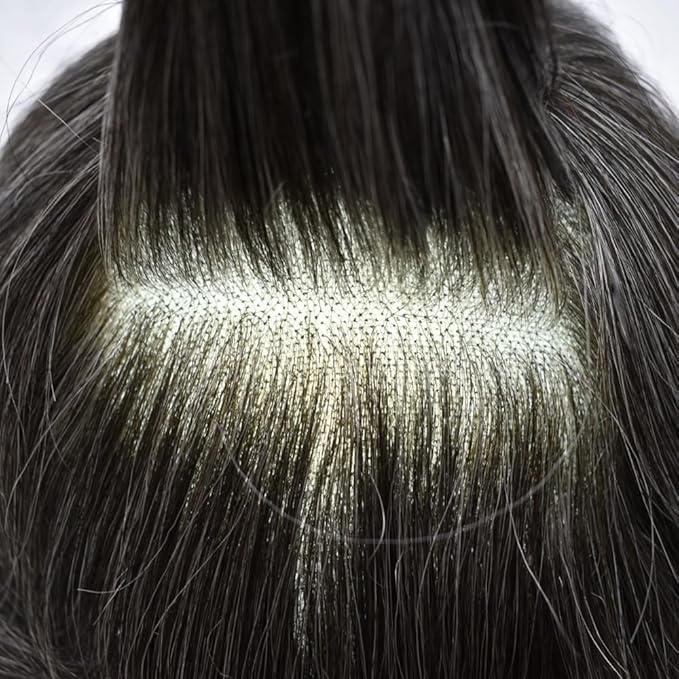 Mens Toupee Human Hair Piece French Lace Toupee for Man Hair System Indian Human Hair Replacement Systems V-Looped PU Front Hairpieces 8"X10" #1B30 1B# OFF BLACK WITH 30% SYNTHETIC GREY