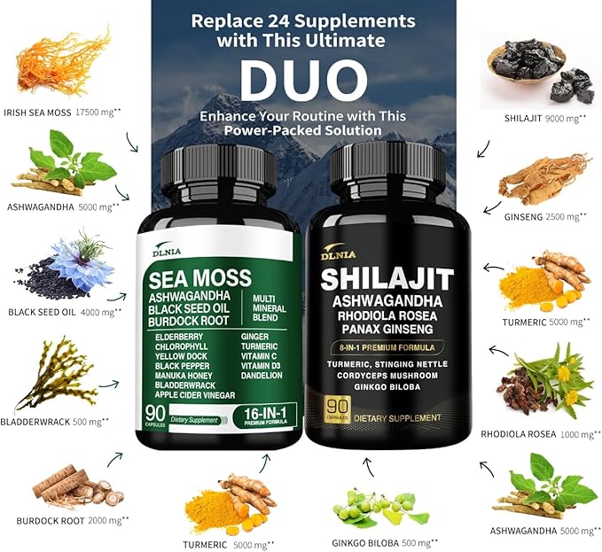 Shilajit 9000mg, Sea Moss 17500mg, Ginger & Black Seed Oil 4000mg, Ashwagandha 5000mg, Rhodiola Rosea, 1000mg Panax Ginseng 1500mg, All in 1 Supplement - Sea Moss & Shilajit Vitality Bundle