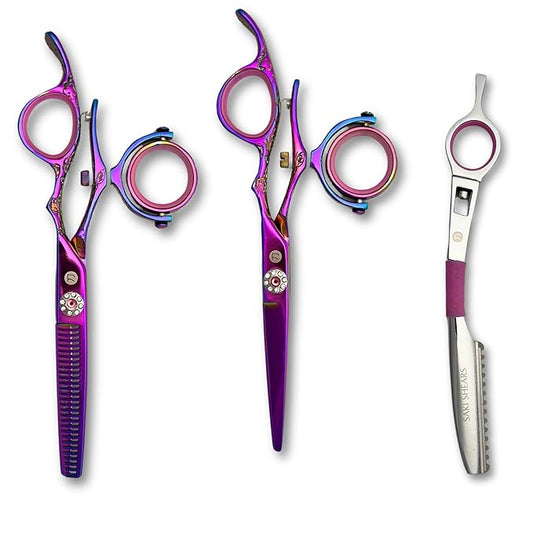 Swivel 5.5" Saki Kohana Pink Hair Shear Set (Swivel Cutting Shears, Swivel Thinning Shears, Razor, Case) - 440C Steel - For Professional Use