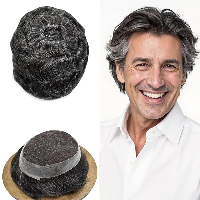 Mens Toupee Human Hair Piece French Lace Toupee for Man Hair System Indian Human Hair Replacement Systems V-Looped PU Front Hairpieces 8"X10" #1B30 1B# OFF BLACK WITH 30% SYNTHETIC GREY