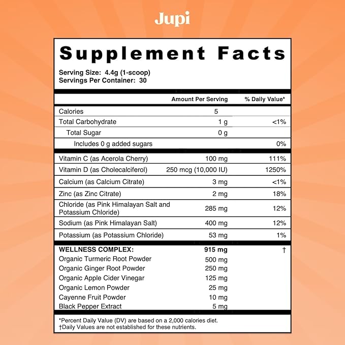 Jupi Hydration & Wellness Powder – Turmeric & Ginger shots, Vitamin C Supplement for Energy, Immune Support & Digestive Health – Vegan, Gluten-Free Drink Mix for Men & Women, Citrus Flavor 30 servings