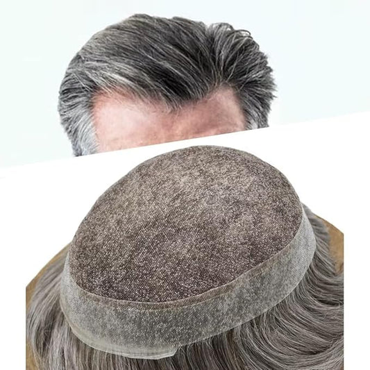 Mens Toupee Human Hair Piece French Lace Toupee for Man Hair System Indian Human Hair Replacement Systems V-Looped PU Front Hairpieces 7"X9" #365 Dark Brown with 65% Gray