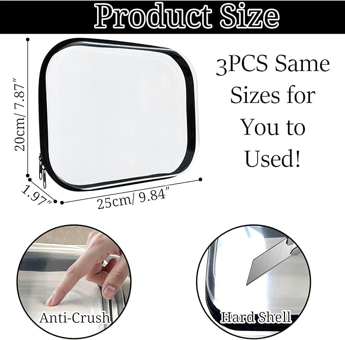 3 Piece Clear Hard Shell Zipper Case, Hard Plastic Clear Makeup Bag, TSA Approved Anti-Crush Toiletry Cosmetic Organizer Pouches for Travel & Daily