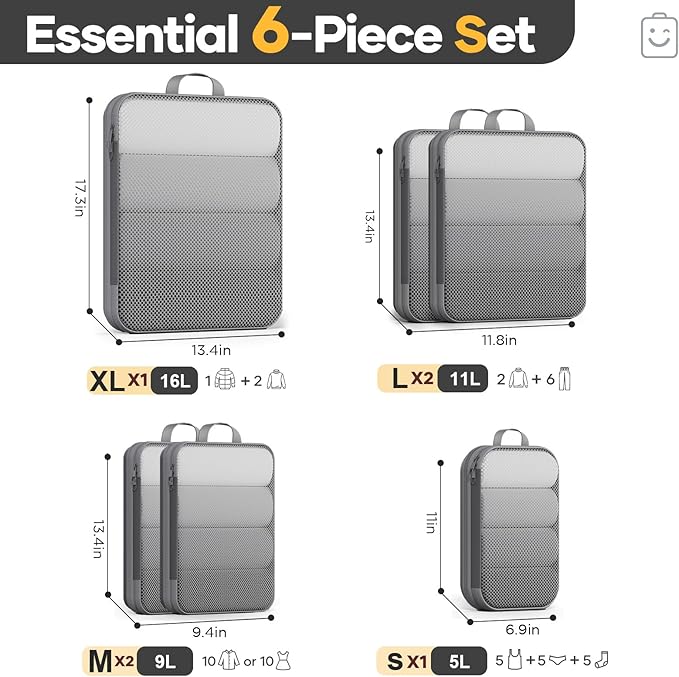 Veken 6/9/11 Set Compression Packing Cubes for Travel Essentials,Compressible Expandable Large Luggage Suitcase Organizer Bags for Clothing,Durable Space Saver Storage Bags(Gray)