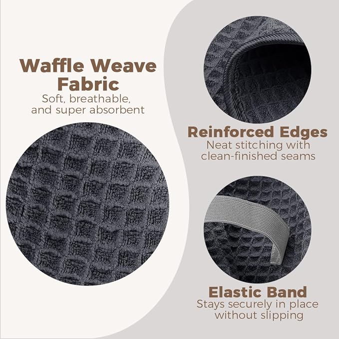 HOMEXCEL 2 Pack XL Microfiber Hair Towels Waffle Weave- 40 x 26.5 inches Fast Drying Turbans for Long, Thick, Curly Hair - Anti Frizz Wrap with Elastic Strap, Black/Grey
