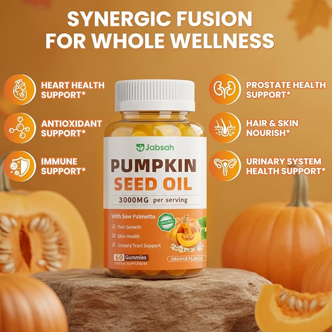 Pumpkin Seed Oil with Saw Palmetto Gummies, Organic Pumpkin Seed Oil Supplement for Hair Growth, Prostate Health, Bladder &Urinary Tract Support, High Pure Extract for Adults, Orange Flavor, 120 Count