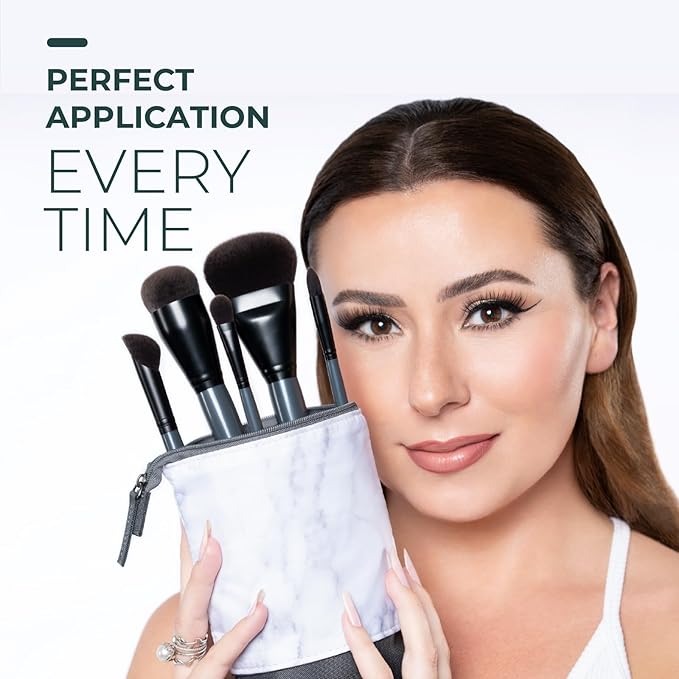 Rose and Ben Beauty Essential 5 Piece Makeup Brush Set and Travel Case | Professional Eye and Face Brushes for Liquid, Cream and Powder Formulas | Cruelty Free