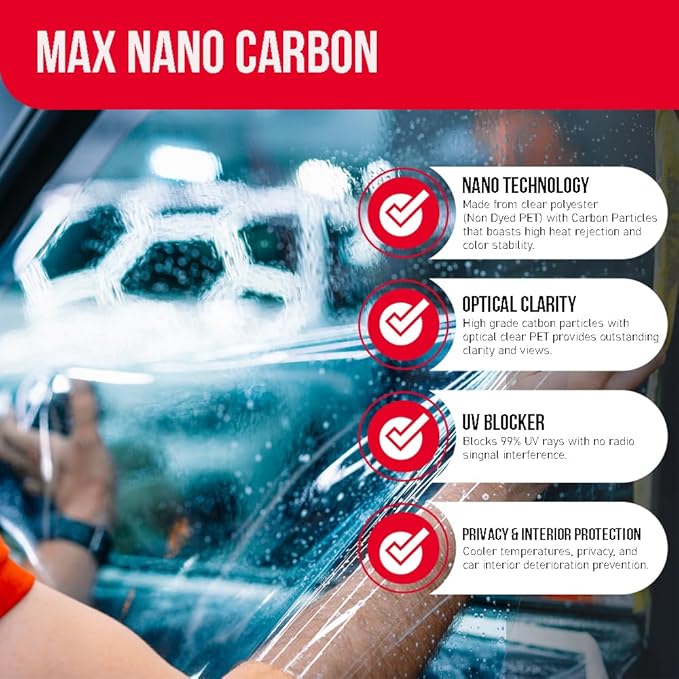 United Window Tint Car Film 20" in x 100'Ft MAX Nano Carbon Film 2Ply 50% VLT - Clear Polyester Privacy Window Tint Blocks UV/IR Rays, Heat & Glare- Laminate Adhesive with Lifetime Color Stability…