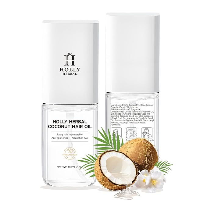 HOLLY HERBAL Coconut Oil Hair Mist - Weightless Leave-In Treatment with 6 Plant Extracts - Frizz-Free, Moisturizing & Shine, Paraben & Sulfate-Free (2.7 Fl Oz)