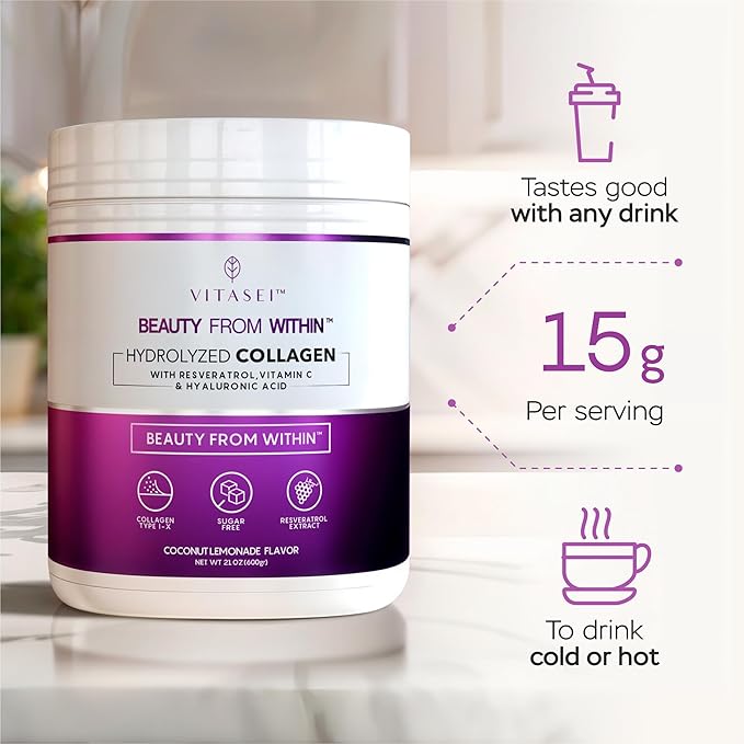 VITASEI Hydrolyzed Collagen Peptides Powder with Resveratrol & Vitamin C – Hair, Skin & Joint Support – Colágeno Hidrolizado for Women & Men – Refreshing Coconut Lemonade Flavor, 16 oz (30 Servings)