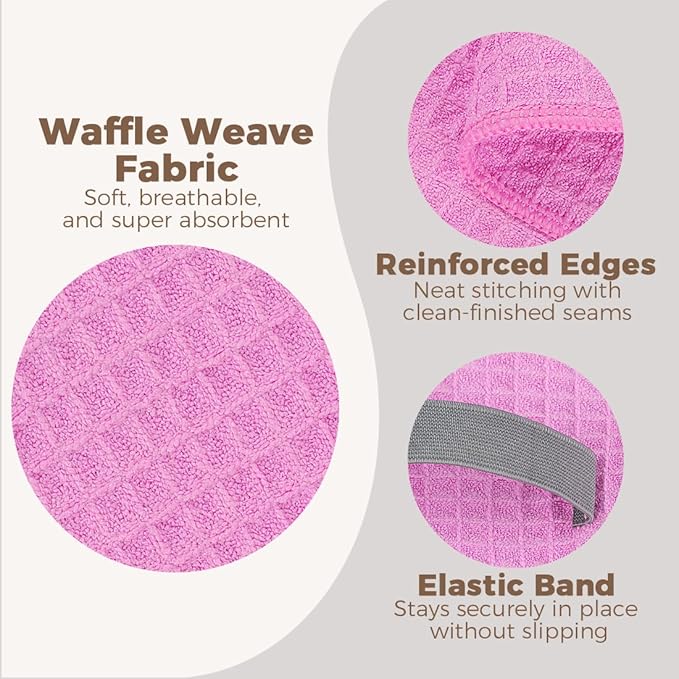 HOMEXCEL 2 Pack XL Microfiber Hair Towels Waffle Weave- 40 x 26.5 inches Fast Drying Turbans for Long, Thick, Curly Hair - Anti Frizz Wrap with Elastic Strap, Blue/Pink