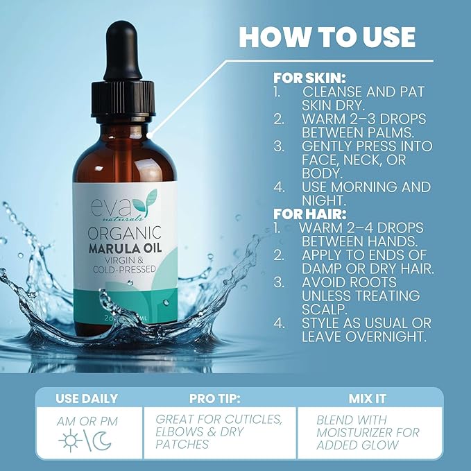 Eva Naturals Marula Oil – 100% Pure Cold Pressed Oil for Face, Hair, Skin & Body – Lightweight Facial & Massage Serum – Moisturizer for Aging Care, Gua Sha & Beard Use