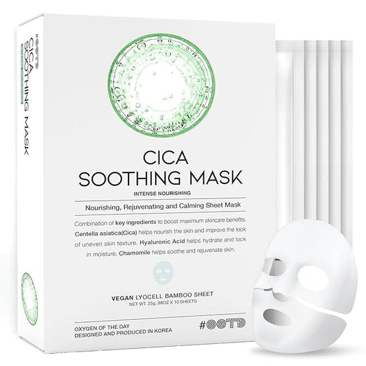 #OOTD Cica Calming Mask for Face Sensitive Irritated Skin, Soothing, Moisturizing, Korean Anti Aging Face Mask, Eve Vegan, Chamomile, Hyaluronic Acid 10EA