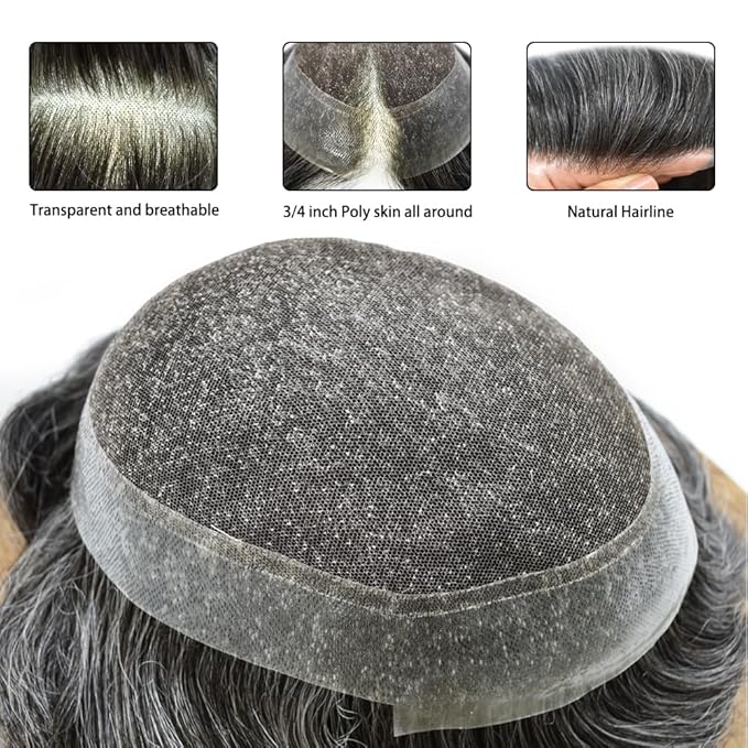 FACE MIRACLE French Lace Mens Toupee Human Hair System Swiss Lace Center Toupee for Men Durable Skin PU Around Hair Replacement System V-Looped Mens Hair Wig Units 6"X8" #1B20 Off Black with 20% Gray