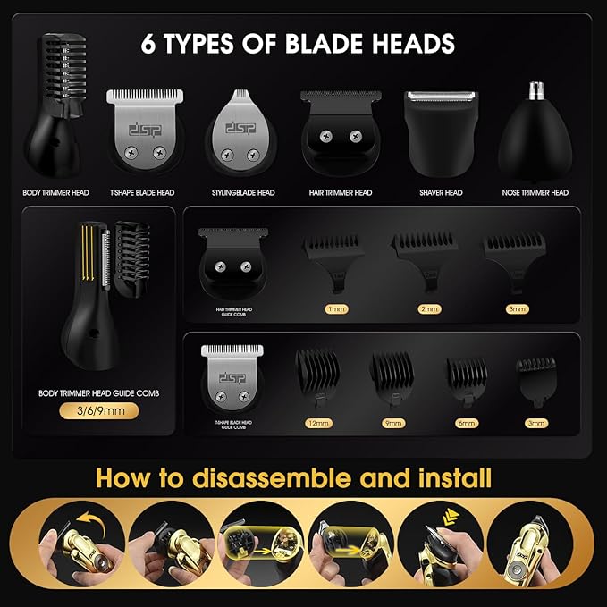 DSP Men's Grooming Kit, Beard Trimmer for Men, Nose Trimmer, Body Trimmer, Foil Shaver, T-Blade, Mustache, Cordless Hair Trimmer, IPX6 Waterproof,2 Speeds Adjustable, Gift for Men (Gold)