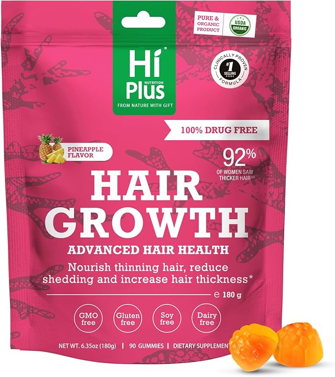 Women's Hair Growth Accelerator Supplement Gummies, Nourishes Thinning Hair & Boosts Hair Thickness, With Collagen, Biotin, Zinc, Vitamin C & Iron – Pineapple Flavor – 90 Gummies, 45 Day Supply