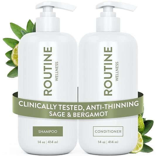 Routine Wellness Anti-Thinning Shampoo and Conditioner Set for Thinning Hair - Biotin DHT Blocker Women & Men - Color Safe Shampoo for Hair Loss & Healthier Hair - Sage & Bergamot (Pack of 2)