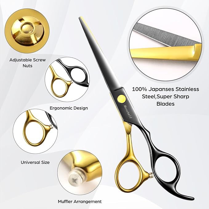 Professional Black Gold Hair Scissors 6.89" Teeth Japanese Stainless Steel Multifunctional Salon Thinning Scissors Straight Shears Tools for Men Women Home Salon Barber