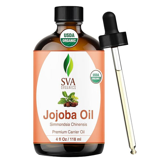 SVA Jojoba Seed Oil Organic - 4 Fl Oz – 100% Natural Cold Pressed Organic Jojoba Oil - for Face, Skin Care, Hair Care, Scalp Massage & Body Massage – Carrier Oil with Dropper