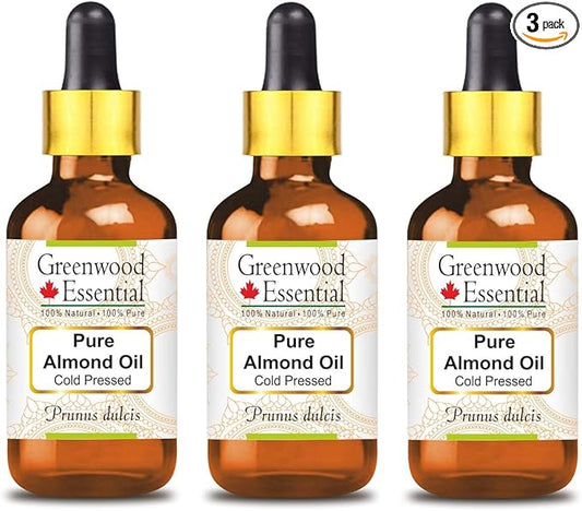 Greenwood Essential Pure Almond Oil (Prunus dulcis) with Glass Dropper Cold Pressed (Pack of Three) 100ml X 3 (10 oz)