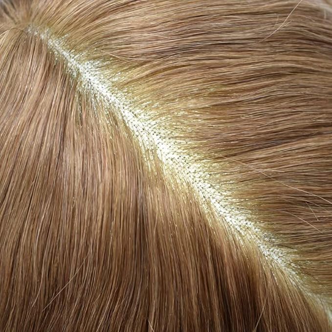 Mens Toupee Human Hair Piece French Lace Toupee for Man Hair System Indian Human Hair Replacement Systems V-Looped PU Front Hairpieces 6"X8" 17R#BROWN/BLONDE MIX WARM TONE