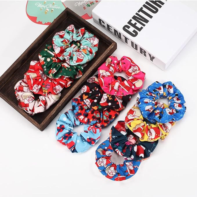 12 PCS Christmas Hair Scrunchies Snowflake Santa Christmas Tree Antlers Elk Snowman Hair Ties Soft Elastic Hair Bands for Women Girls Gifts Ponytail Holders Hair Accessories