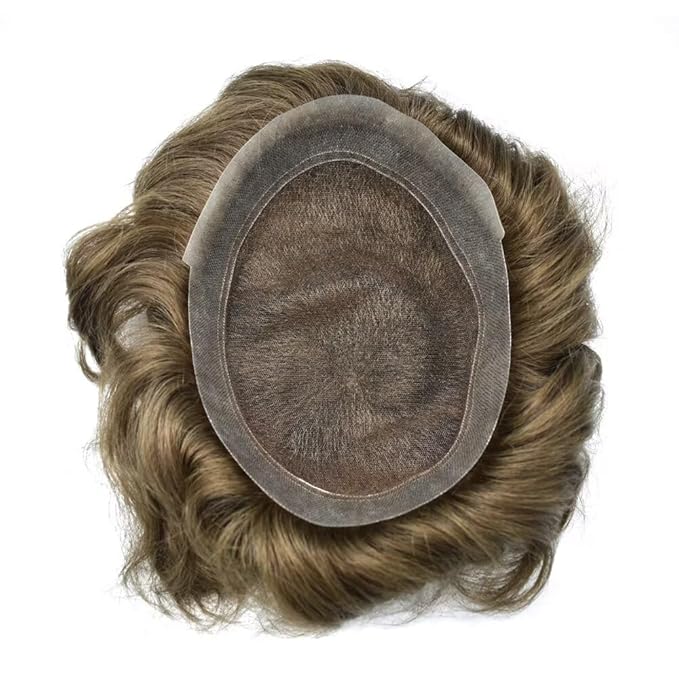FACE MIRACLE Toupee for Men Lace Center Mens Toupee Hairpiece for Man Human Hair Replacement System Lace Center with Poly around Hair Units Mens Wig Hair Prosthesis 6"X8" 6# LIGHT BROWN