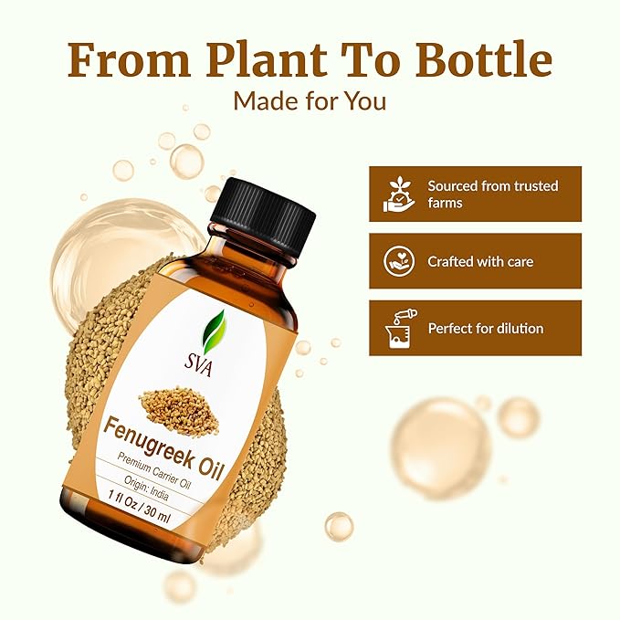SVA Fenugreek Seed Oil - 1 Fl Oz – 100% Natural Cold Pressed Fenugreek Oil - for Face, Skin Care, Hair Care, Scalp Massage & Body Massage – Carrier Oil with Dropper