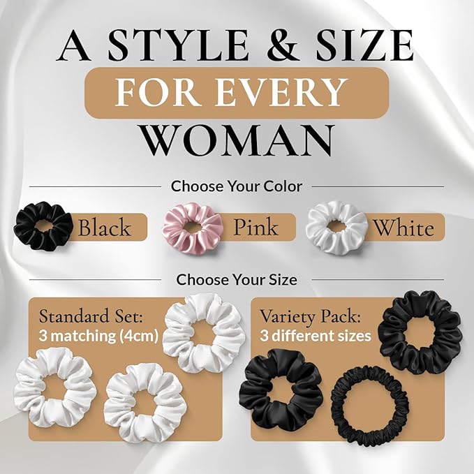 100% Pure 22 Momme Mulberry Silk Scrunchies (Set of 3) | Highest grade (6A) Luxury Hair Ties| (Black,White,Pink) | (Black, Standard/Small/Skinny)