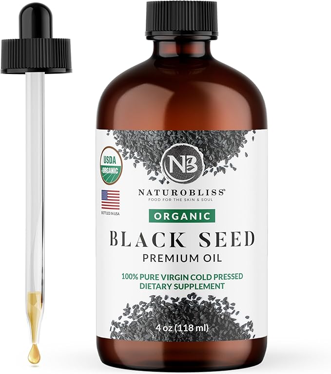NaturoBliss Organic Black Seed Oil 100% Virgin Cold Pressed Omega 3 6 9 Super Antioxidant for Immune Support, Joints, Mobility, Digestion, Hair Skin Vegan, Gluten-Free, Non-GMO USDA Certified 4oz