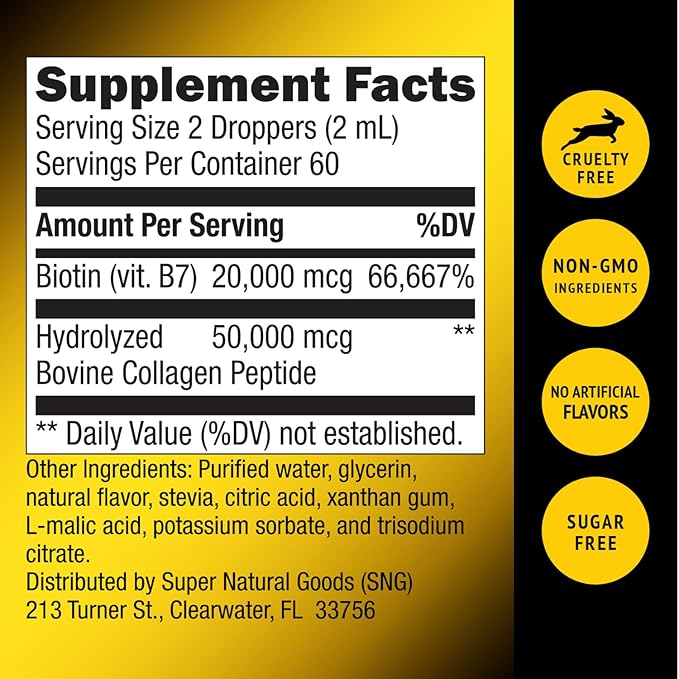 Super Natural Goods Liquid Biotin & Collagen 70,000mcg Hair Growth Vitamin Drops - Radiant Skin, Strong Nail Support - High Potency Hair Loss Supplement for Damaged Strands, for Men & Women (4oz)