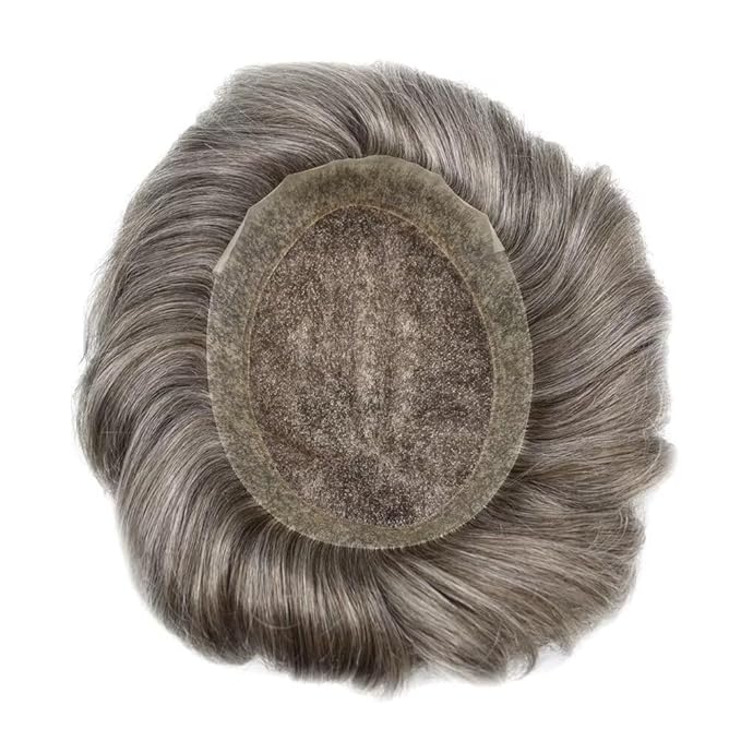 FACE MIRACLE Hair System for Men French Lace Mens Toupee Human Hair Replacement System Lace with PU Toupee for Men Male Hair Piece Wigs 7"X9" #360 Dark Brown with 60% Gray