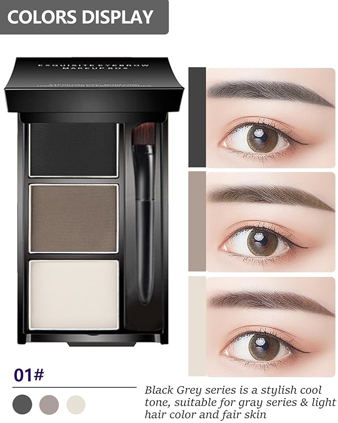 Eyebrow Powder Makeup Kit-3 Colors Eye Brow Powder Palette Long-Lasting Waterproof, Black Brown Series Brow Powder, Fill & Sculpt Full Eyebrows for Women, With Mirror, Brow Brush & Razor-Set 01