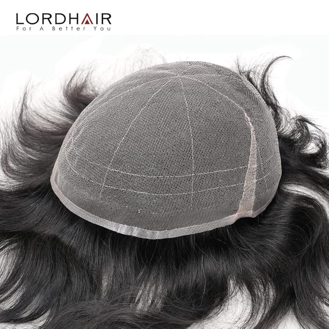 Lordhair Toupee for Men European human hair Full French Lace Hairpieces，Base Size 8x10 inch Hair Replacement System for Men Natural Hairline Human Hair Wig #1A Black