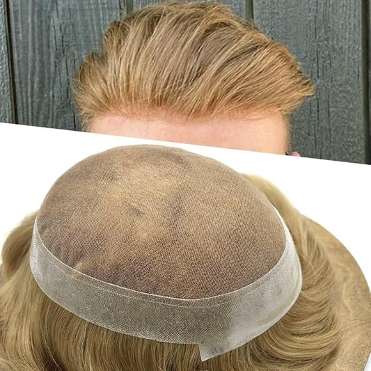 FACE MIRACLE Lace Front Mens Toupee Human Hair System Swiss Lace Center Toupee for Men Thin Skin PU Around Hair Replacement System V-Looped Mens Hair Wig Units 7"X9" #20 light ash blonde