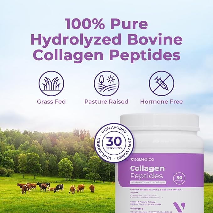 VitaMedica Collagen Peptides Powder for Women & Men - Healthy Hair, Skin, Nails, Bones and Joints - Hydrolyzed Types I & III, Grass-Fed, Pasture-Raised Protein, Zero Sugar - Pack of 2