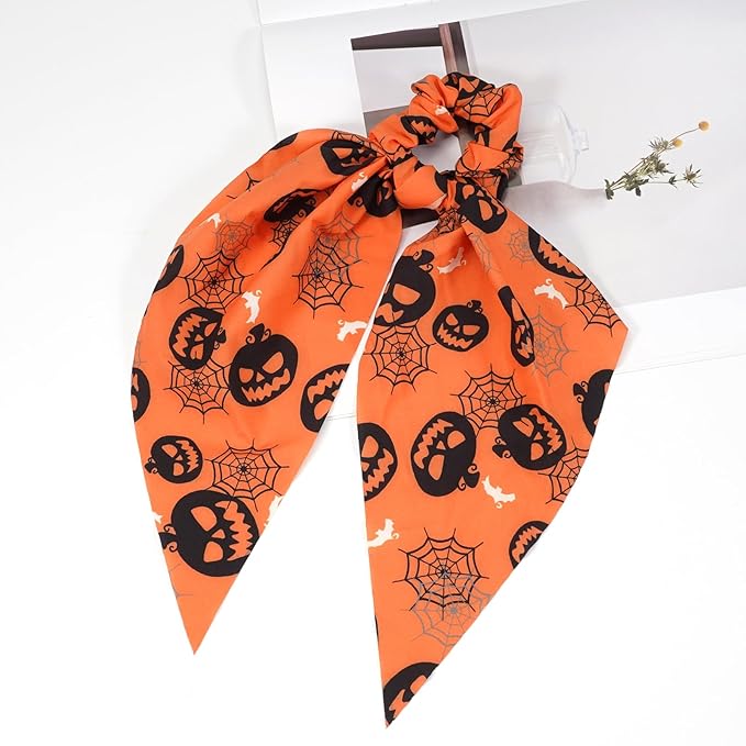 Halloween Hair Ties for Women Girls Spooky Spider Web Skeleton Bat Pumpkin Hair Scrunchies Black Orange Hair Tie Ribbon Hair Bows Hair Accessories