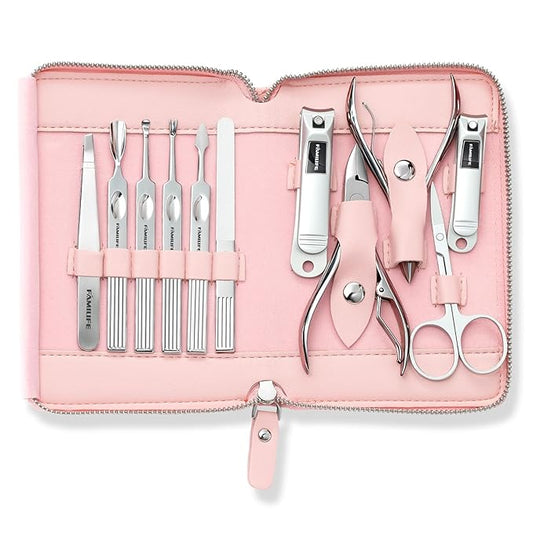 FAMILIFE Manicure Set Professional Manicure Kit Nail Kit - 11PCS Gifts for Her Nail Clippers for Women Stainless Steel Pedicure Sets Pink Leather Case