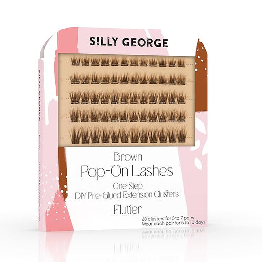 Silly George Pop-On Lashes - DIY 1-Step Pre-Glued Faux Eyelash Clusters, Natural Look Extensions, Brown - Flutter, 5-7 Pair Set, Pack of 60 Clusters